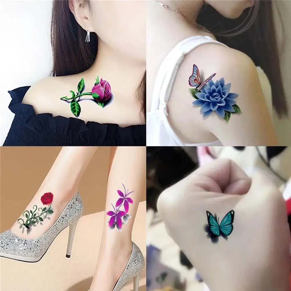 Spalvu Tauriņš Pagaidu Tetovējumu Uzlīmes Sieviešu Ķermeņa Aizsardzība Tetovējums 3D Rose Puķu Anime Viltotas Uzlīmes Waterproo F3L4