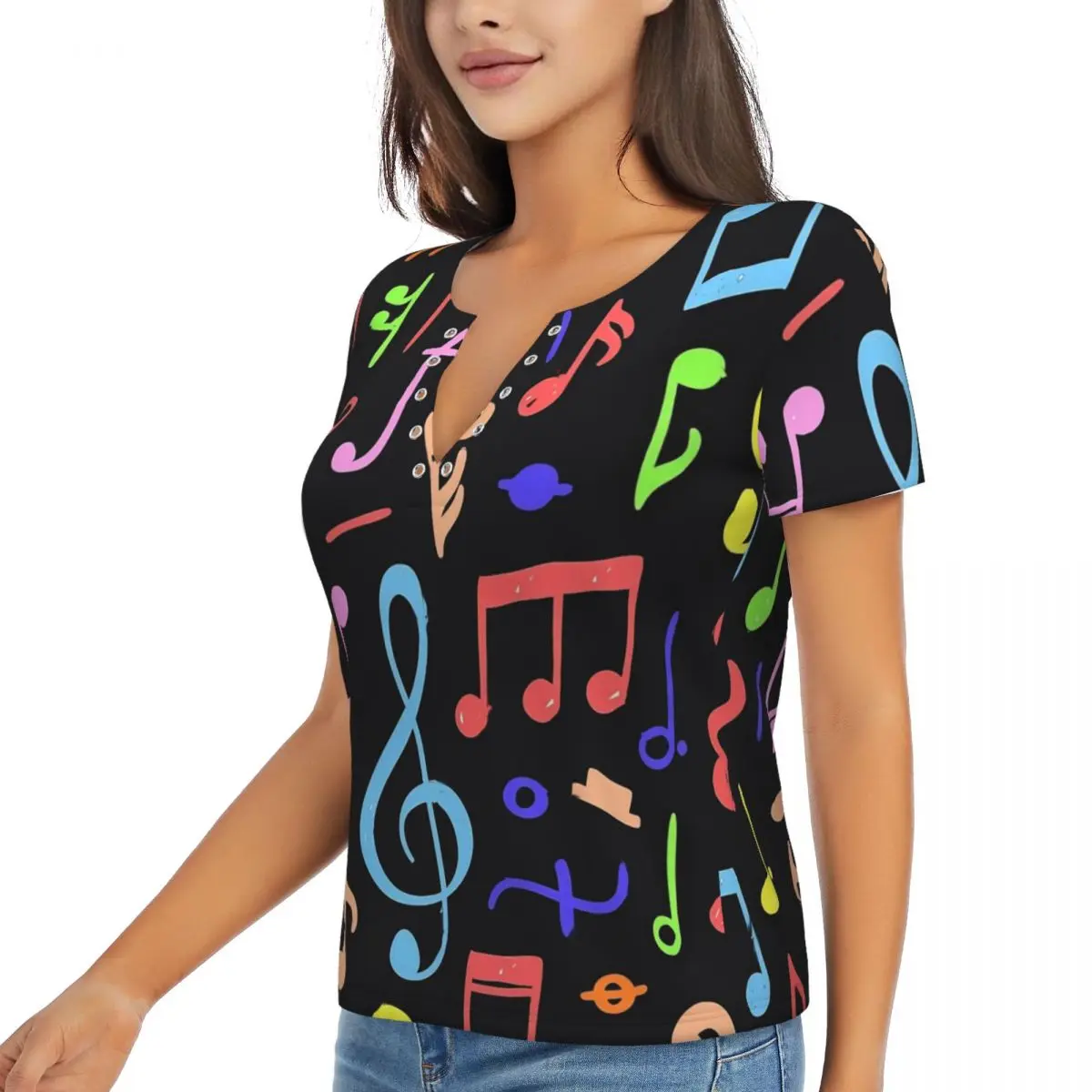 Mūzikas Norāda, T-Krekli, Krāsains Drukāt Dziļu V veida Kakla korejas Modes Lielgabarīta T Krekls Sieviete Kawaii Y2K Tee Krekls Vasaras Apģērbu