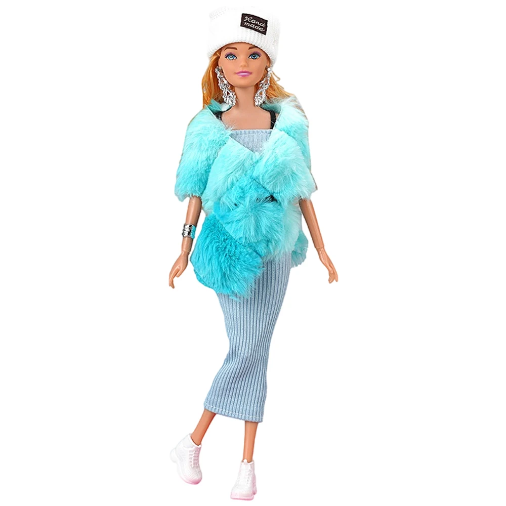 NK 1 Komplekts Lomu spēlē drēbes lellēm: cepure+zila šalle+kleita+auskari+josta+kurpes+aproce Dāvanu Rotaļu Māja Barbie Doll