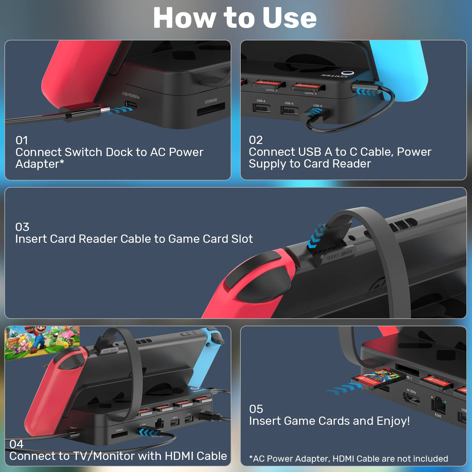 Unitek Spēles Karti Komutatoru Nintendo Slēdzis Vairāku Spēļu Karšu Lasītājs ar USB dokstacija 4K HDMI RJ45 Gigabit Ethernet