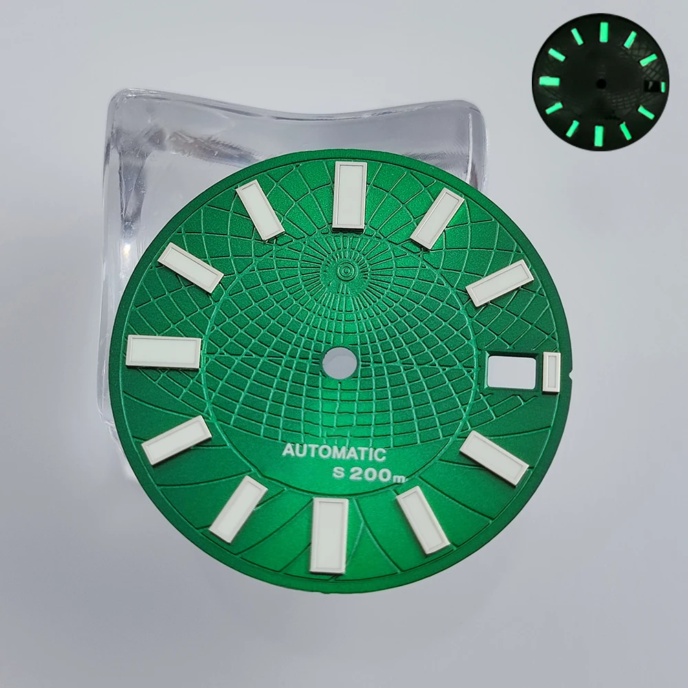 28.5 mm Zaļās Gaismas Watch Dial Modificētu Retro Zemes Dial NH35 Pārvietošanās Ar S Logo