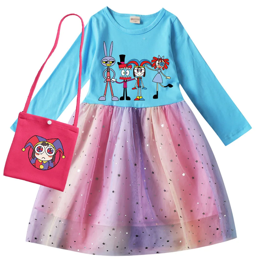 Pārsteidzošu Digitālā Cirka Pomni Jax Kleitu Bērniem ar garām Piedurknēm Gadījuma Kleitas & Bag Toddler Meitenes Princese Kleitu uz Kāzu Puse,