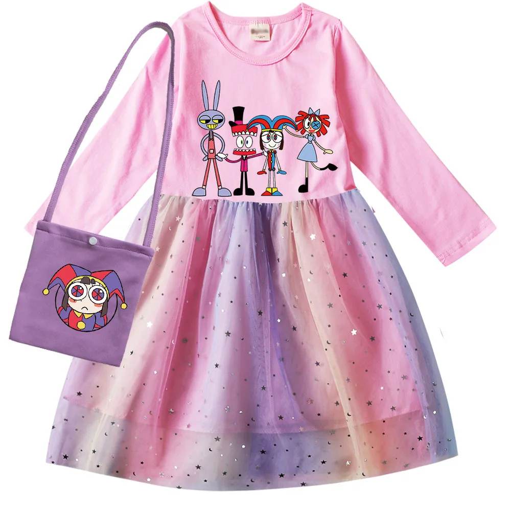 Pārsteidzošu Digitālā Cirka Pomni Jax Kleitu Bērniem ar garām Piedurknēm Gadījuma Kleitas & Bag Toddler Meitenes Princese Kleitu uz Kāzu Puse,