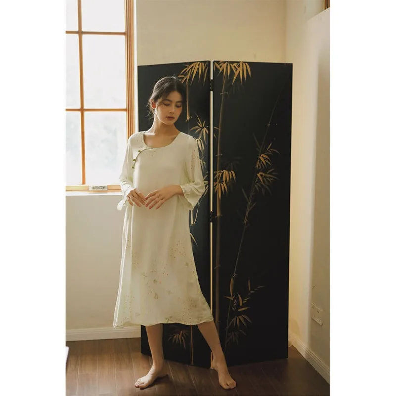 2023 Rudens Kokvilnas Zīda Vienkārša un Eleganta Drukas Nightgowns Ķīniešu Sieviešu garām Piedurknēm Miega Viskozes Kleita Sexy Sleepwear