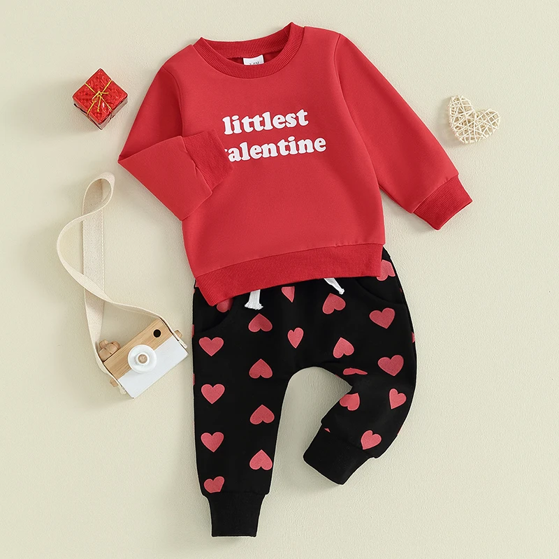 Baby Zēni Valentīna Diena Apģērbu ar garām Piedurknēm Crewneck Vēstules sporta Krekls Sirds Jogger Bikses, Pavasara Apģērbi