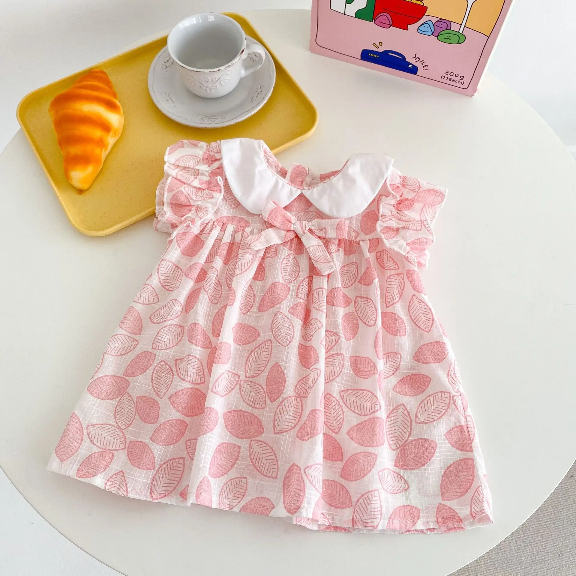 2023 Vasaras Korejas Toddler Meitenes Kleita Lapu Lelle Apkakles Apdrukāta Kokvilnas Lidot Piedurknēm Rozā Priekšgala Kleita Bērnu Zīdaiņu Meitene Tērpiem