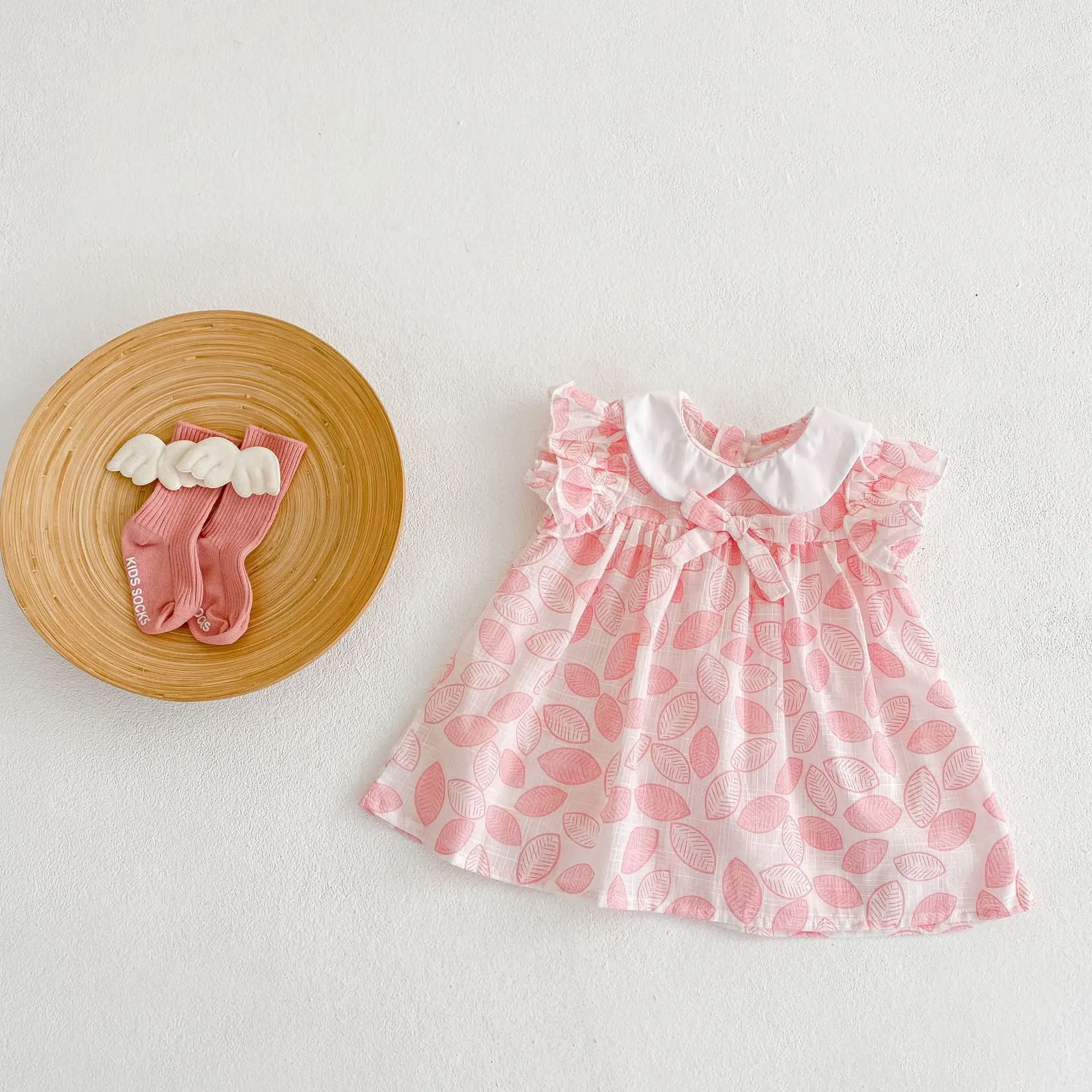 2023 Vasaras Korejas Toddler Meitenes Kleita Lapu Lelle Apkakles Apdrukāta Kokvilnas Lidot Piedurknēm Rozā Priekšgala Kleita Bērnu Zīdaiņu Meitene Tērpiem